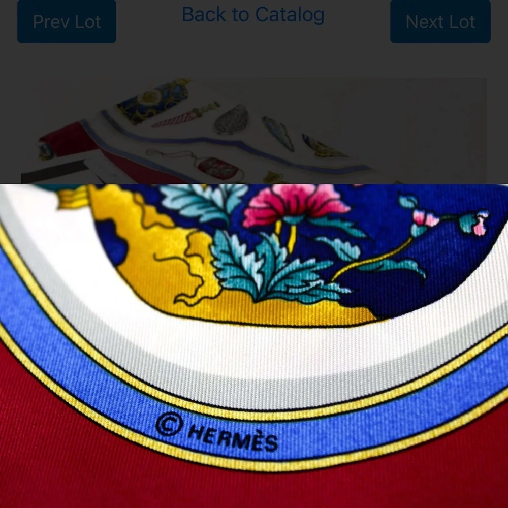 Authentic Hermès Silk Scarf in Red, Blue and Gold Floral Frame with COA. - Picture 2 of 10